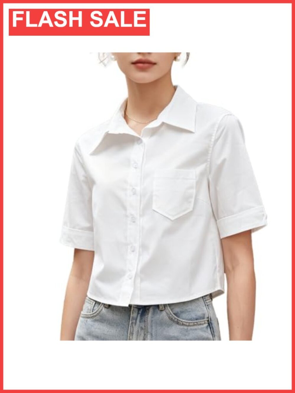 Women's Cropped Short Sleeve Button Down Shirt Casual Crop Top with Pocket